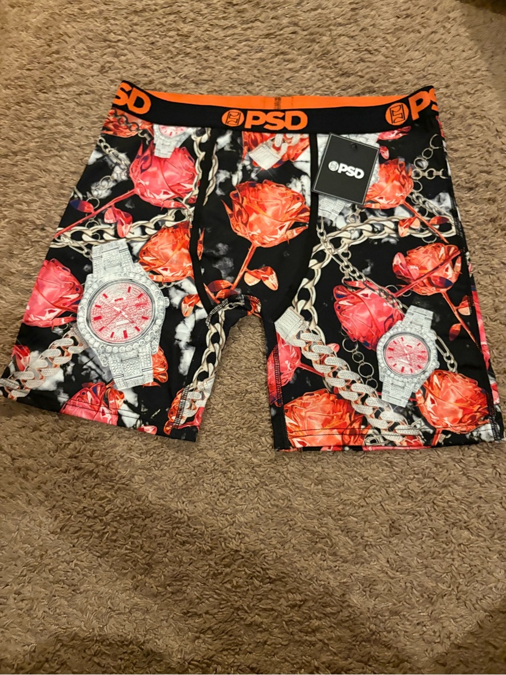 PSD Black Boxer Briefs with Orange Waistband and Red Floral Watch Print